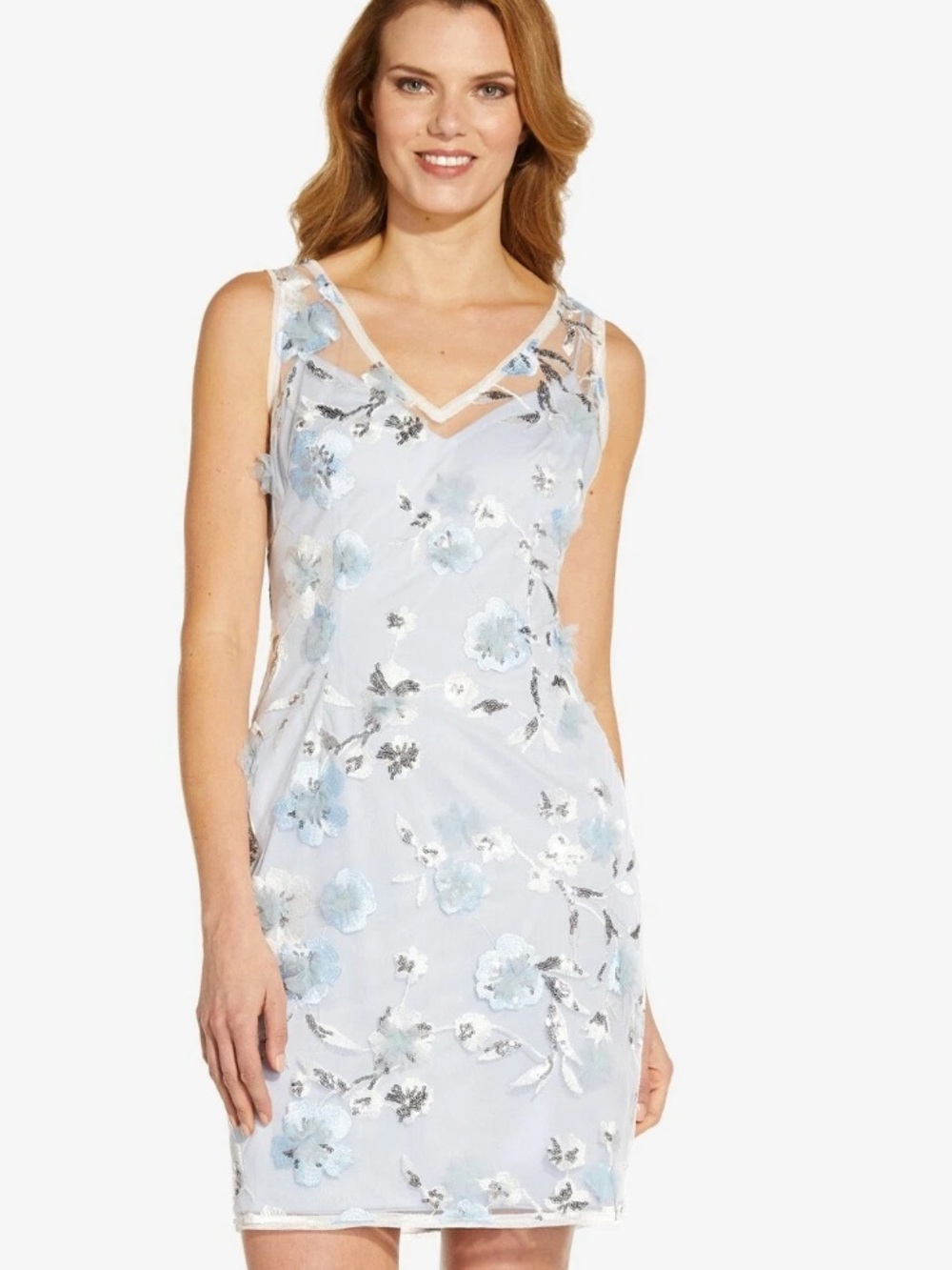Adrianna Papell Light Blue Floral Appliqué & Sequin Sheath Cocktail Dress Sz 4